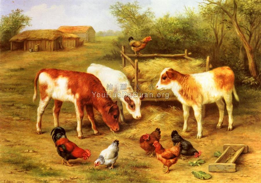 Calves And Chickens Feeding In A Farmyard - 埃德加·亨特